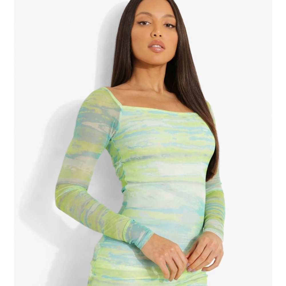 Boohoo Green Multicolored Mini Dress Off the Shoulder size M